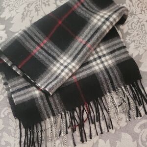 100% Murano Cashmere Black, Gray, and Red Plaid Scarf